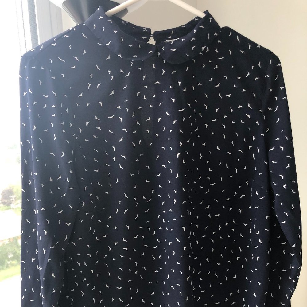 Peter Pan Collar Satin Blouse with Bird Print